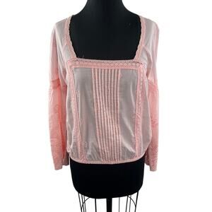 VENUS Pink Top Pleated Floral Lace Square Neck Elastic Waist Bell Sleeve Size XS